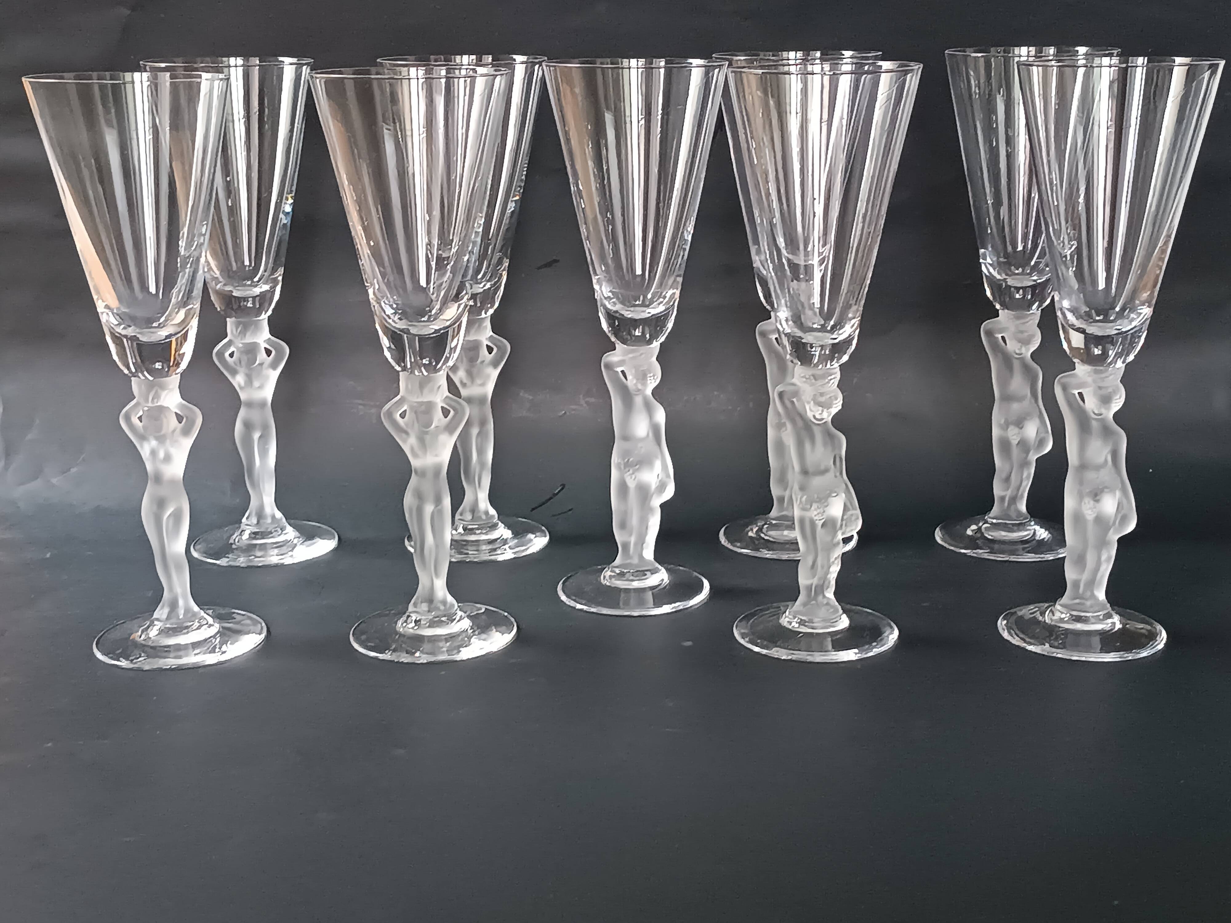 Set of 9 crystal flutes with Venus and Bacchus foot, Vannes and Bayel