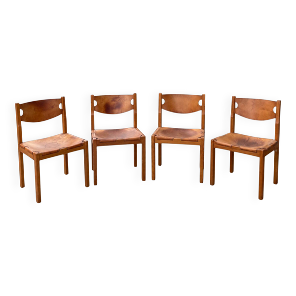 Suite de 4 chaises vintage en bois et cuir patiné – années 1970