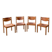 Suite de 4 chaises vintage en bois et cuir patiné – années 1970
