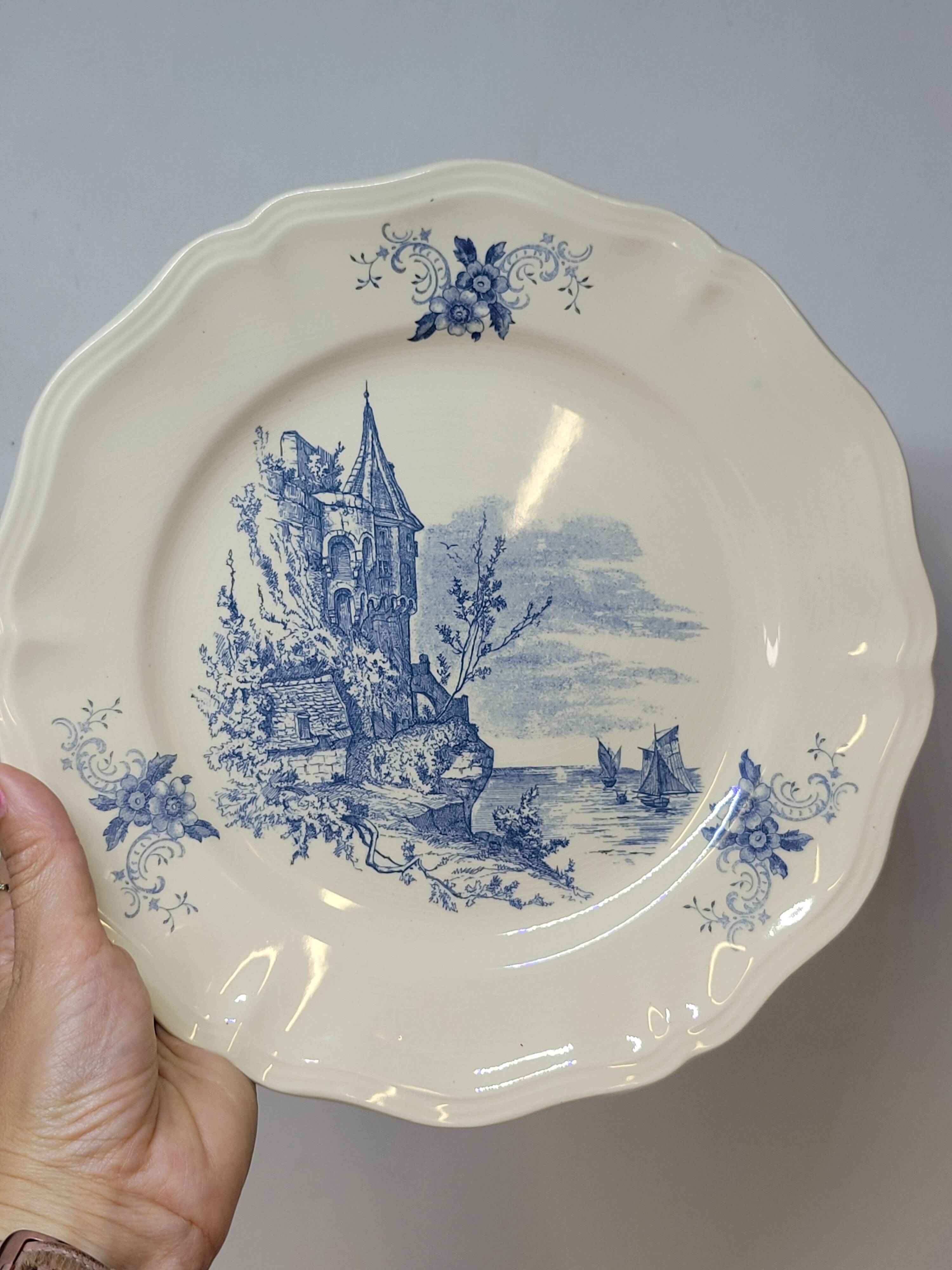 8 Large Vintage Sarreguemines Flanders and Surrey Dinner Plates, White Decor