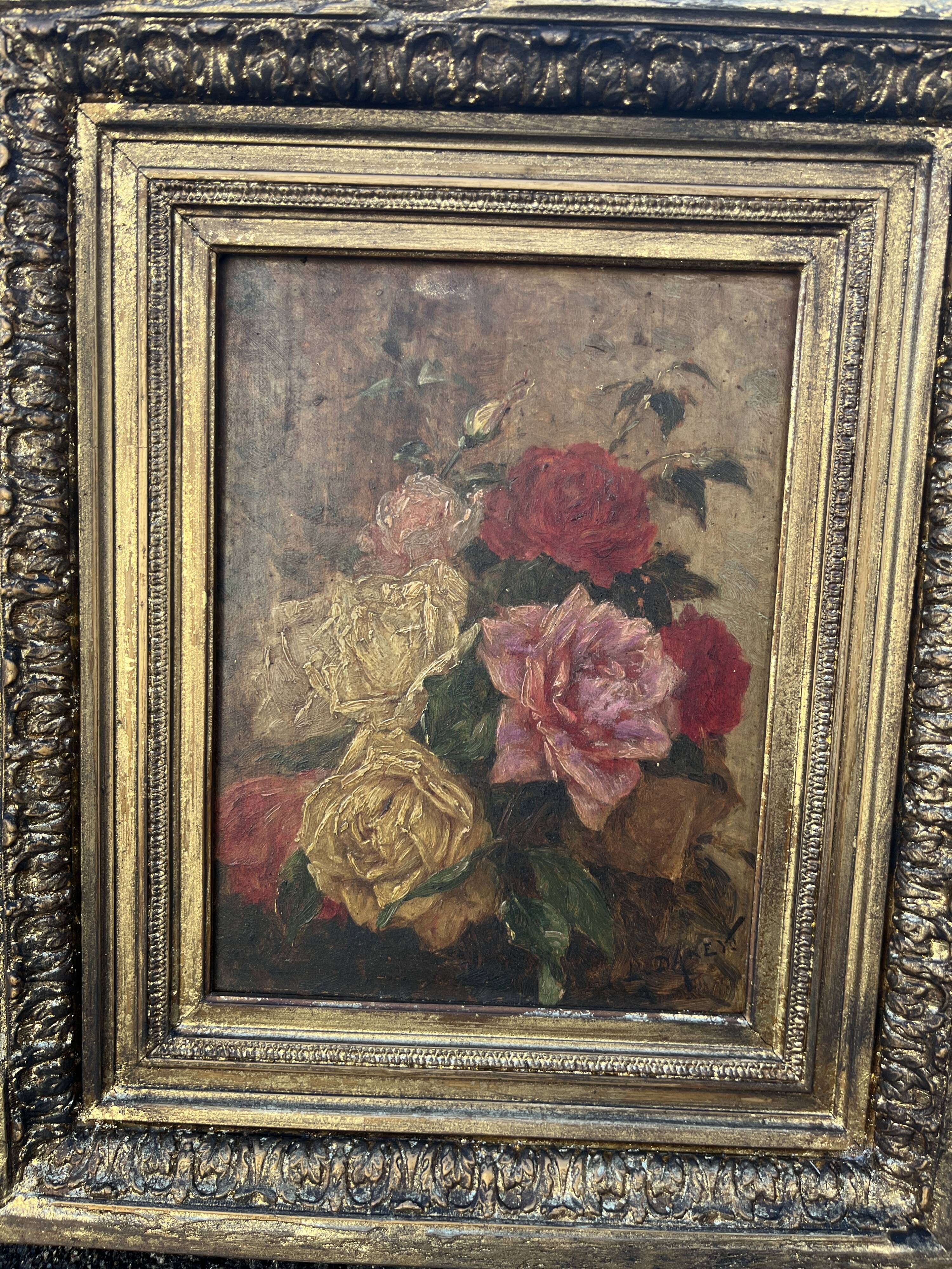 Antique Table XIX – Bouquet of Roses – Oil – Sculpted Gilded Frame