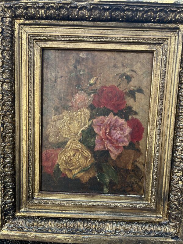 Tableau Ancien XIX – Bouquet de Roses – Huile – Cadre Doré Sculpté