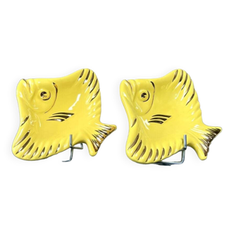 Soap Holder - Pair - Yellow Earthenware - Vintage Fish Bathroom Accessory
