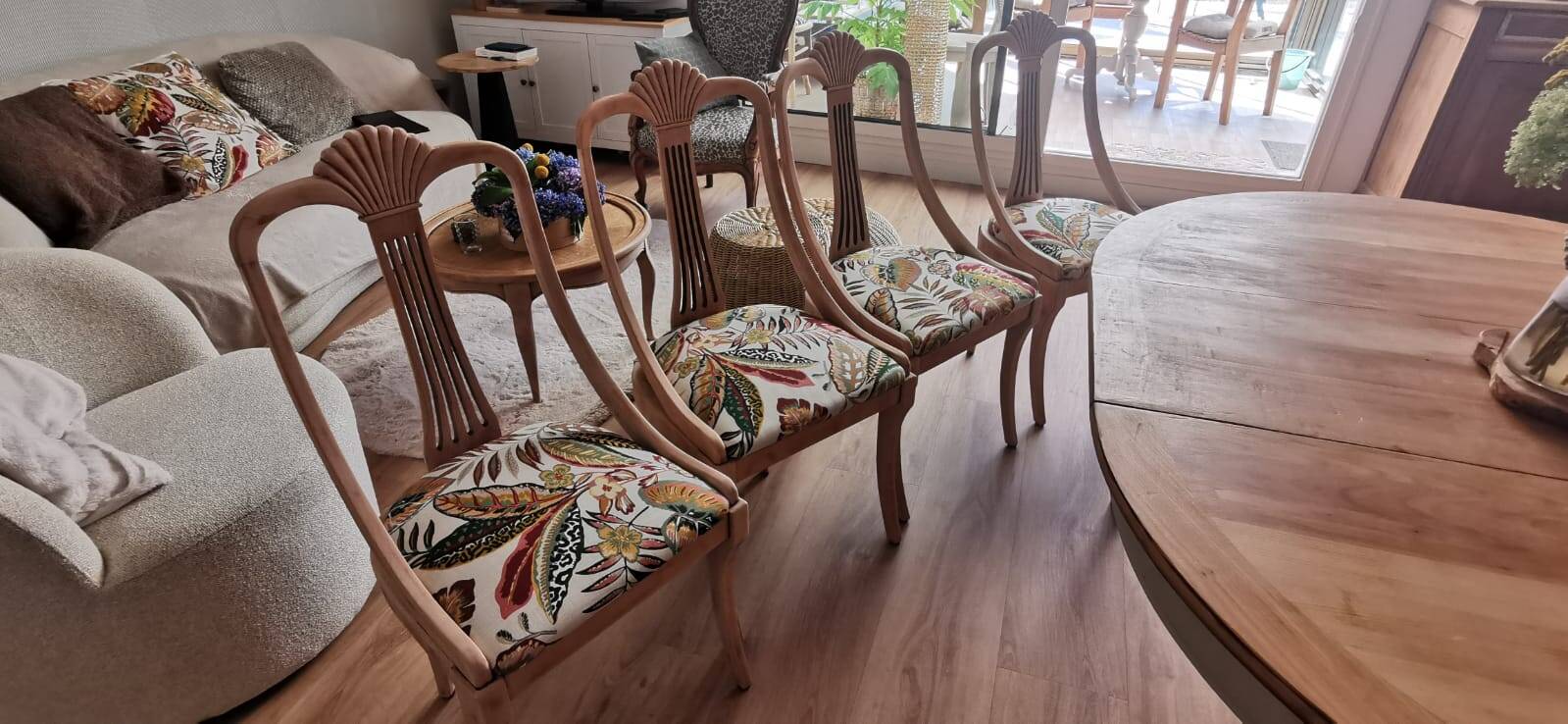4 vintage wooden chairs sanded and reupholstered.