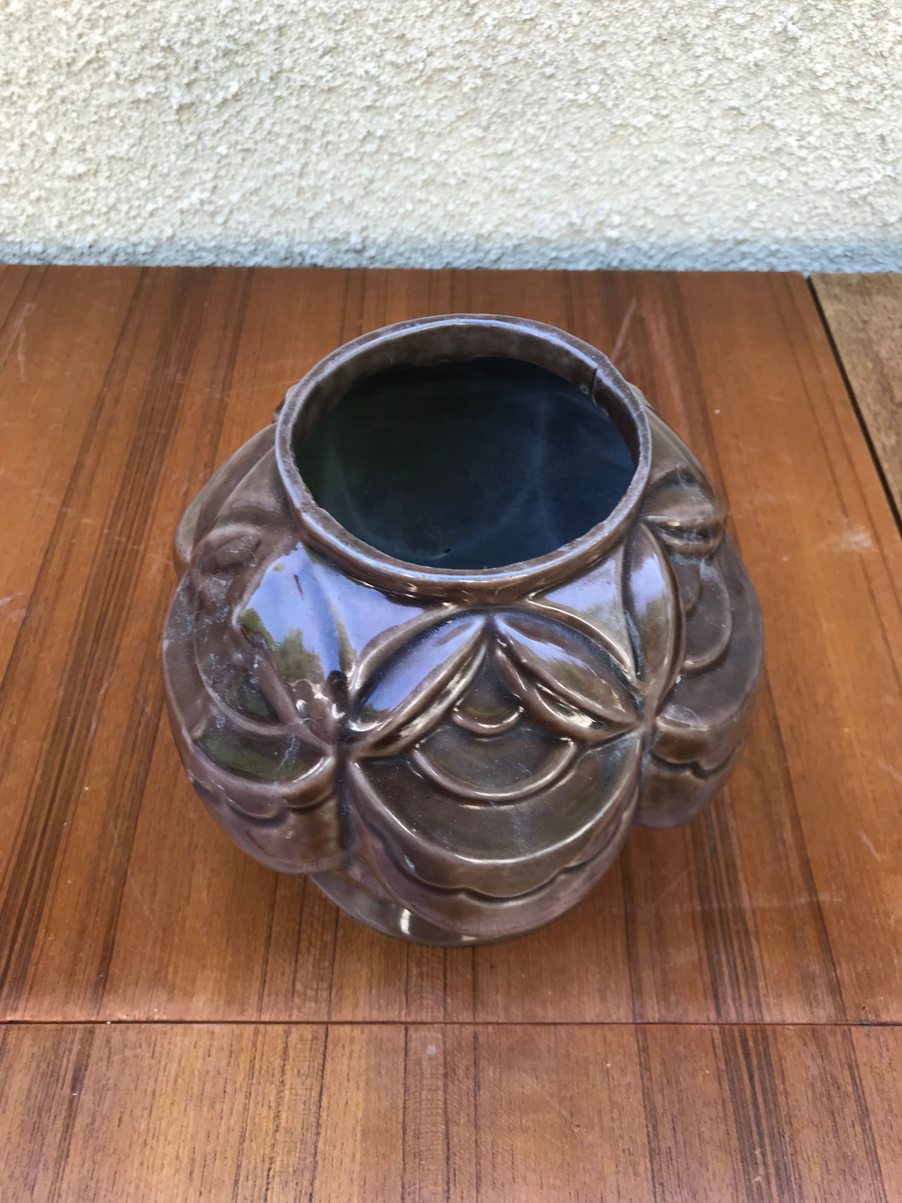 Old pot art deco plants fonte enamel brown