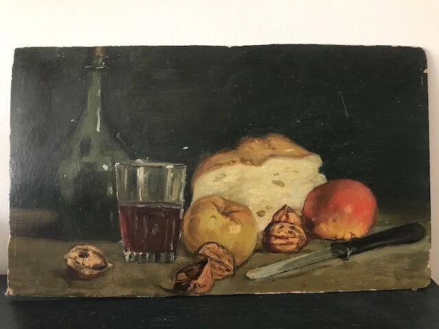 Natuere Morte (glass of wine, nuts, fruit, bread and knife)