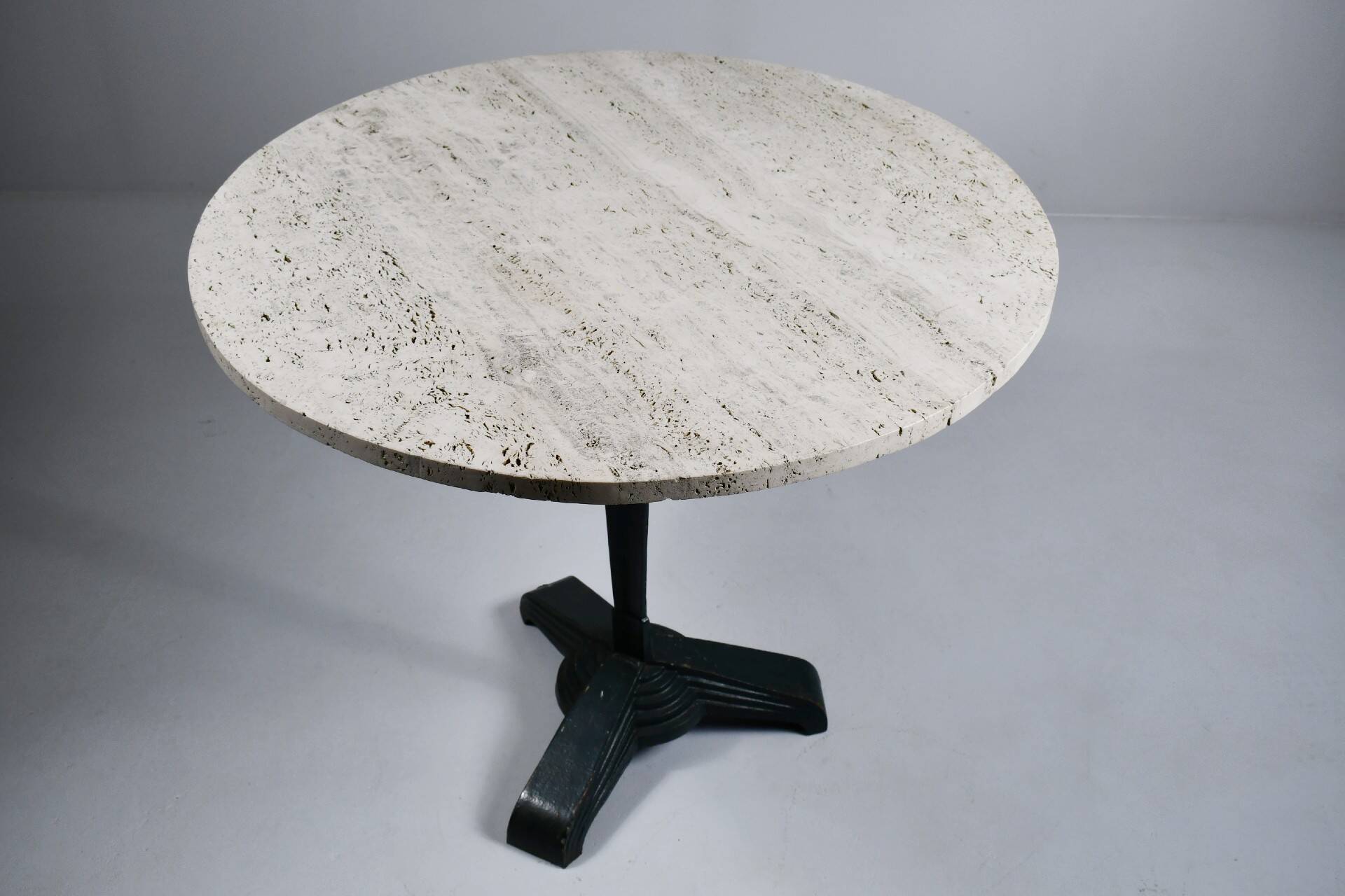 Vintage travertine bistro/dining table, solid metal base. (A)