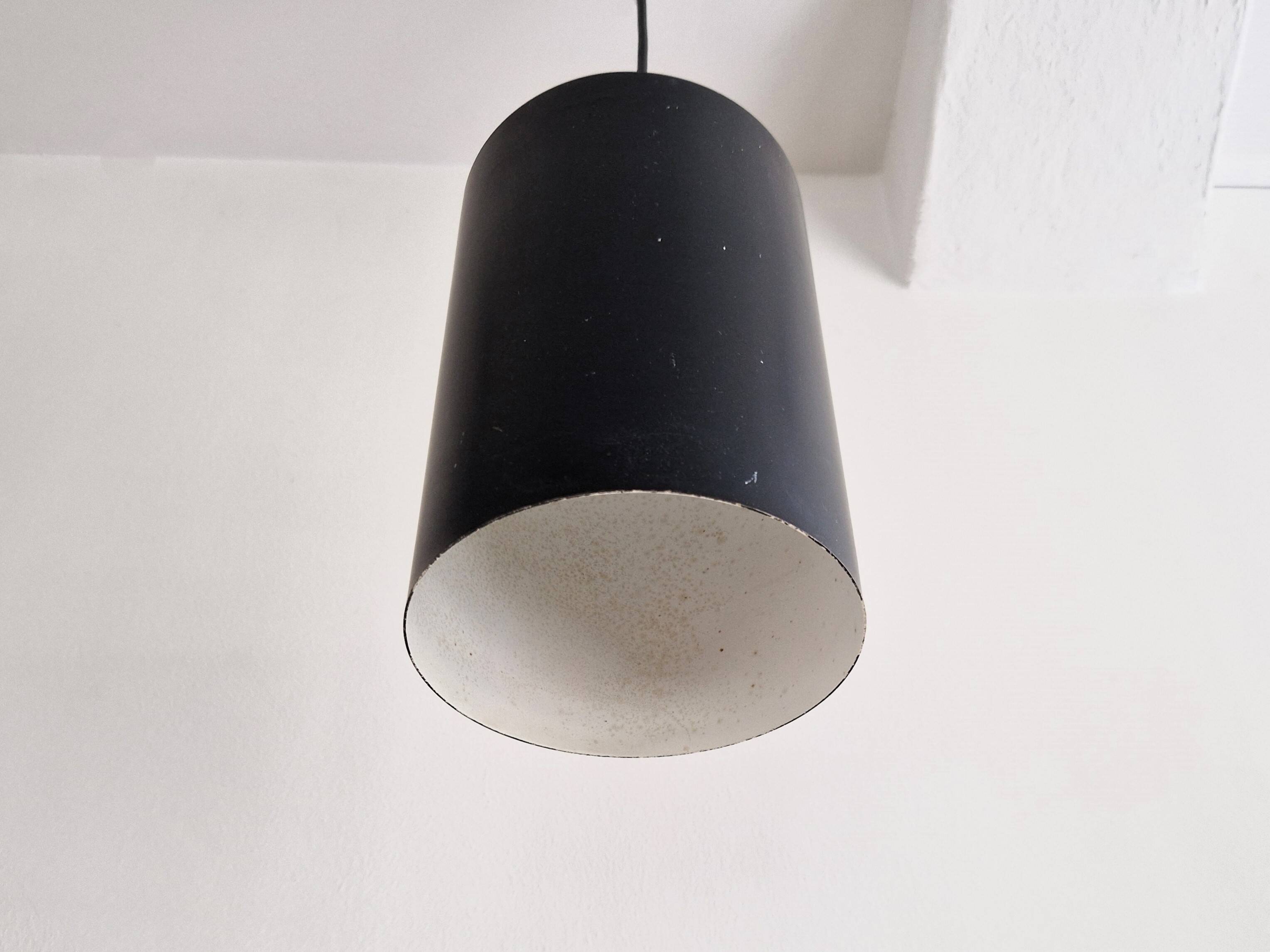Set of 3 black cylinder pendant lamps, by Eila & John Meiling for Louis Poulsen, Denmark 1967