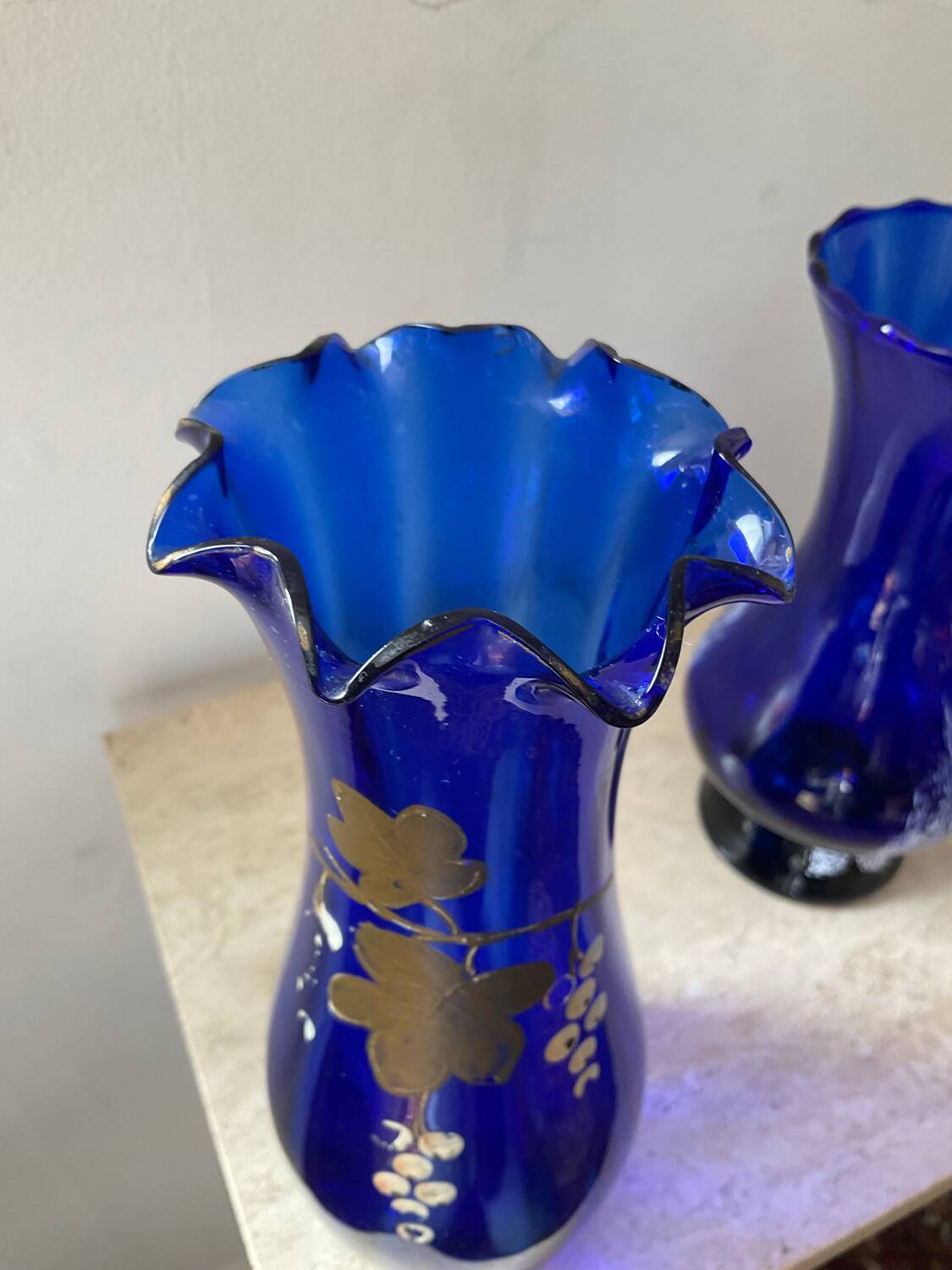 Trio of cobalt blue Art Deco vases