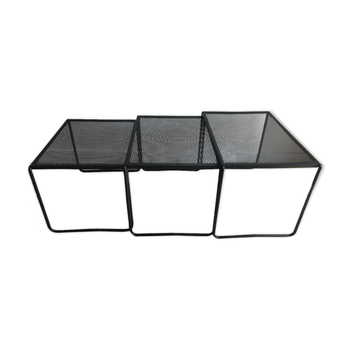 3 trundle tables in perforated sheet metal and black lacquered steel - 80s