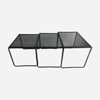 3 trundle tables in perforated sheet metal and black lacquered steel - 80s
