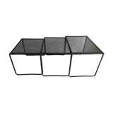 3 tables gigognes en tôle perforée et acier laqué noir années 80
