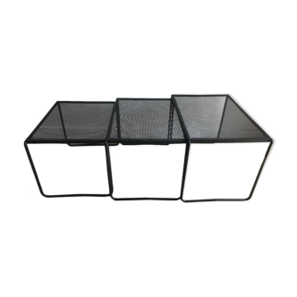 3 trundle tables in perforated sheet metal and black lacquered steel - 80s