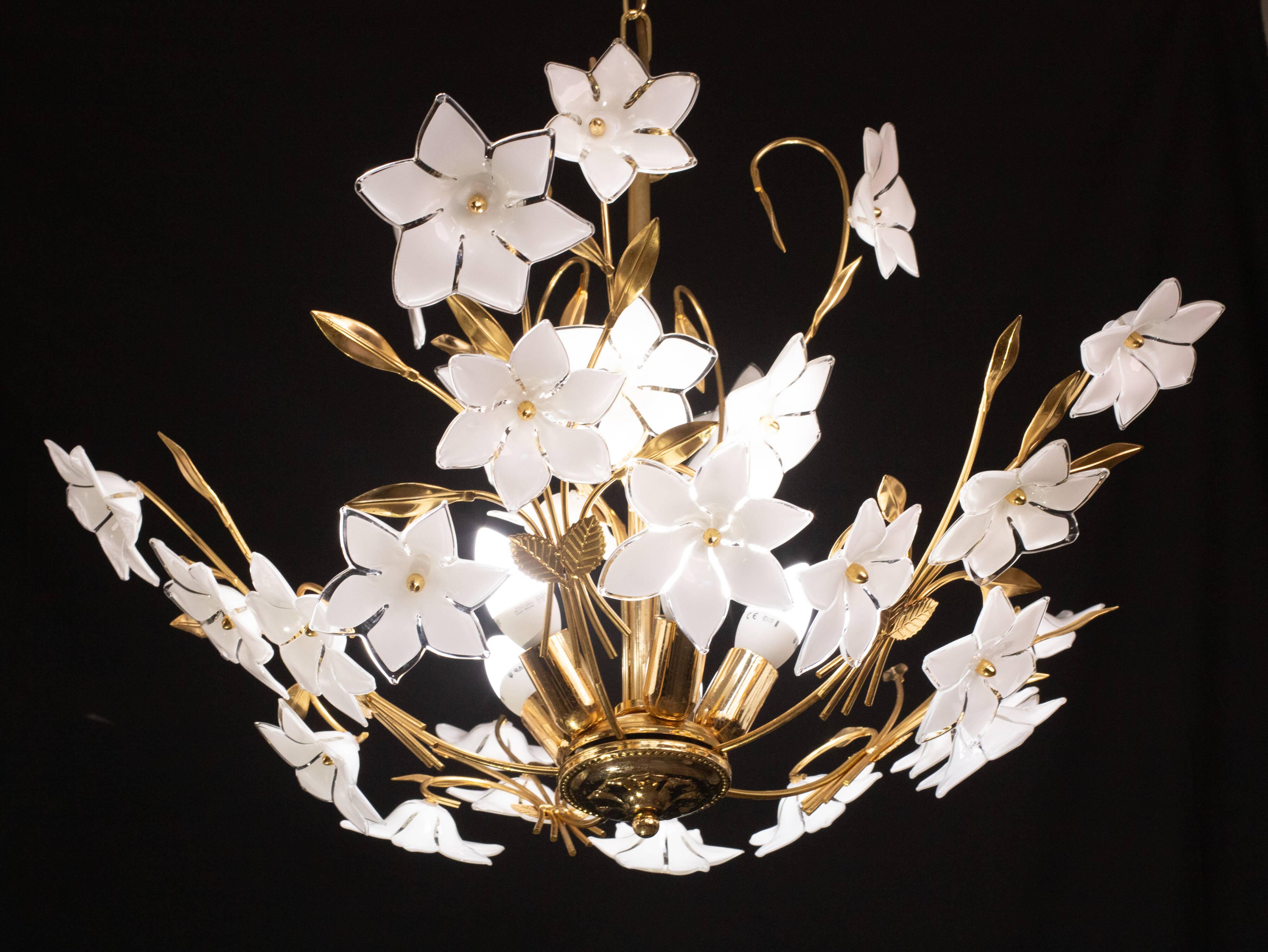 Vintage Murano Glass Chandelier White Flowers, 1970