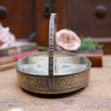 Art Nouveau serving dish plated in copper with removable glass inserts.