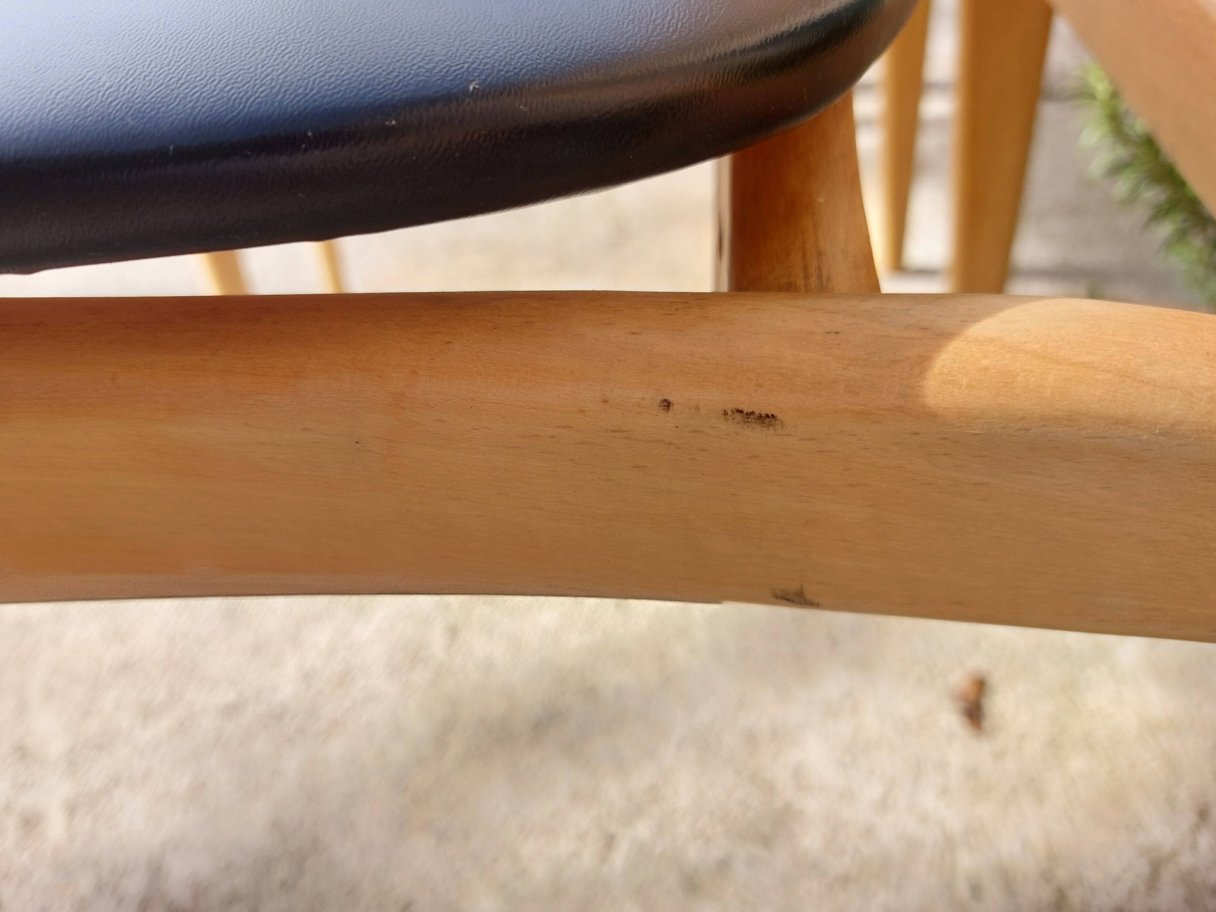 5 Scandinavian style chairs, wood and black faux leather.