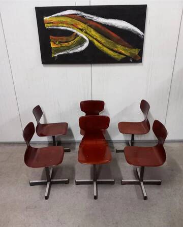 Set of 6 mid-century modern Pagholz chairs, moulded plywood seats, steel base, 1960s