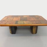 Vintage Brutalist Stone and Oak Coffee Table from the 70s 80s