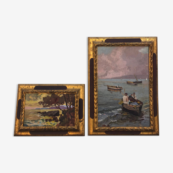 Deux tableaux, paysage et pêche