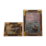 Two paintings, landscape and fishing