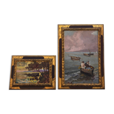 Two paintings, landscape and fishing