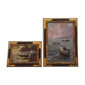 Two paintings, landscape and fishing
