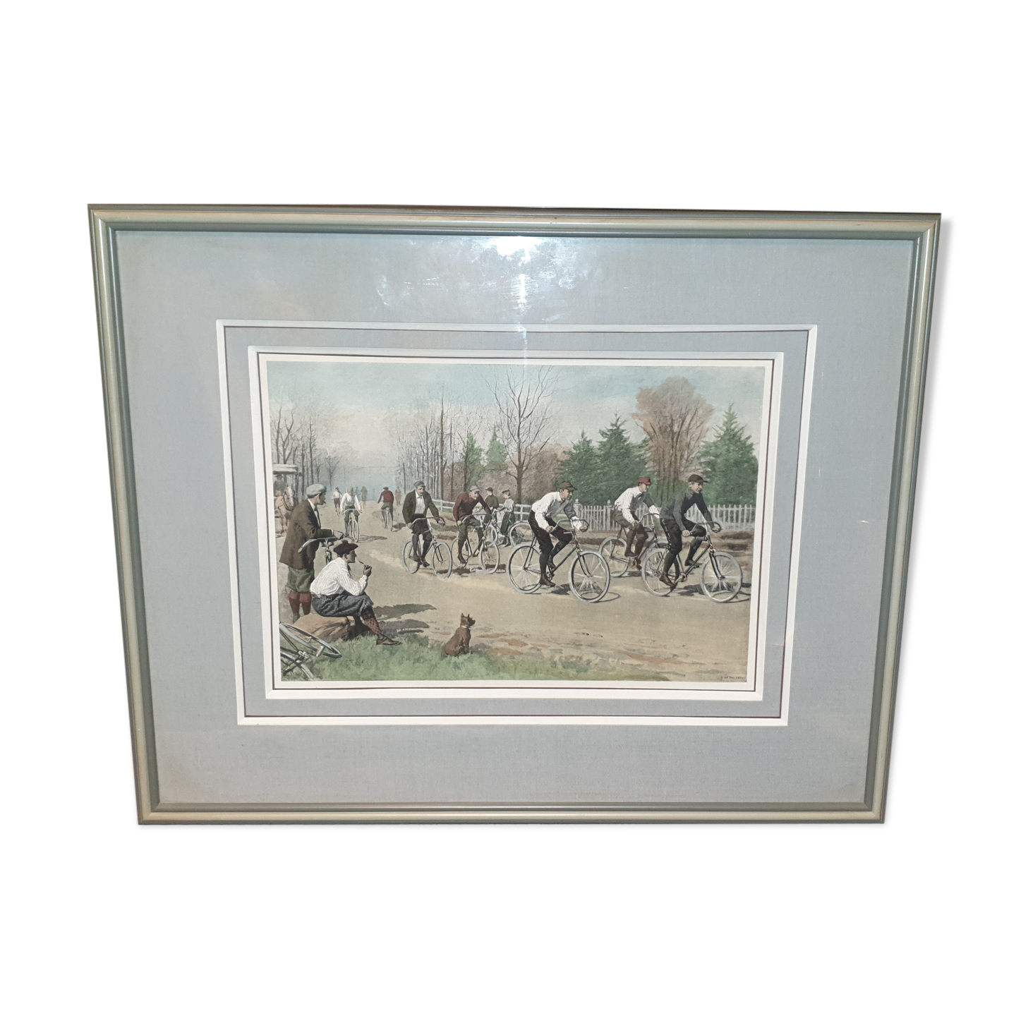Engraving under glass group of cyclists