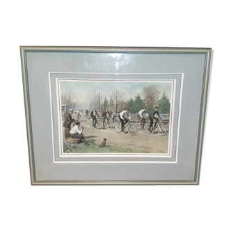 Engraving under glass group of cyclists