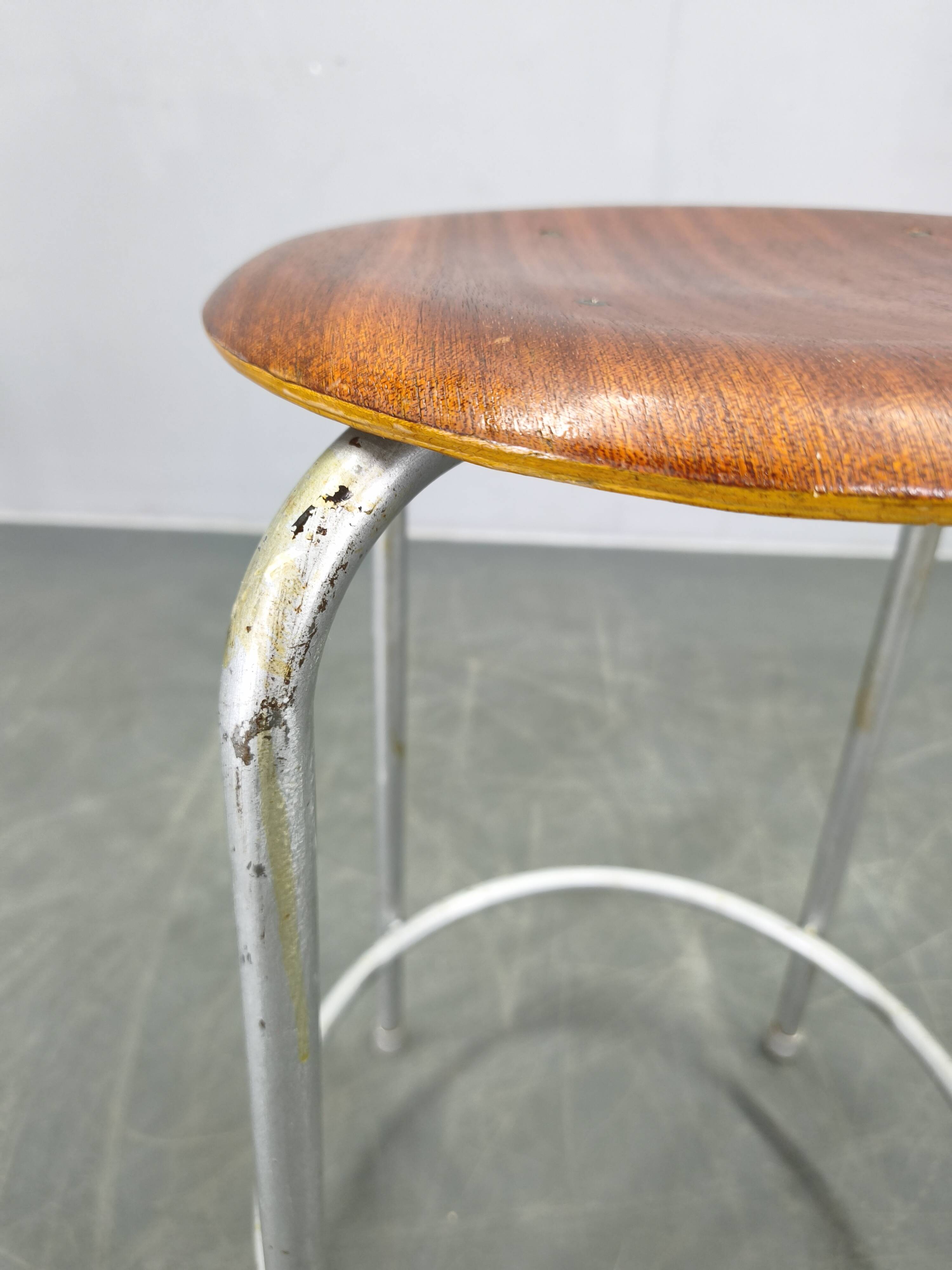 1950s German Industrial Stool with Plywood Seat