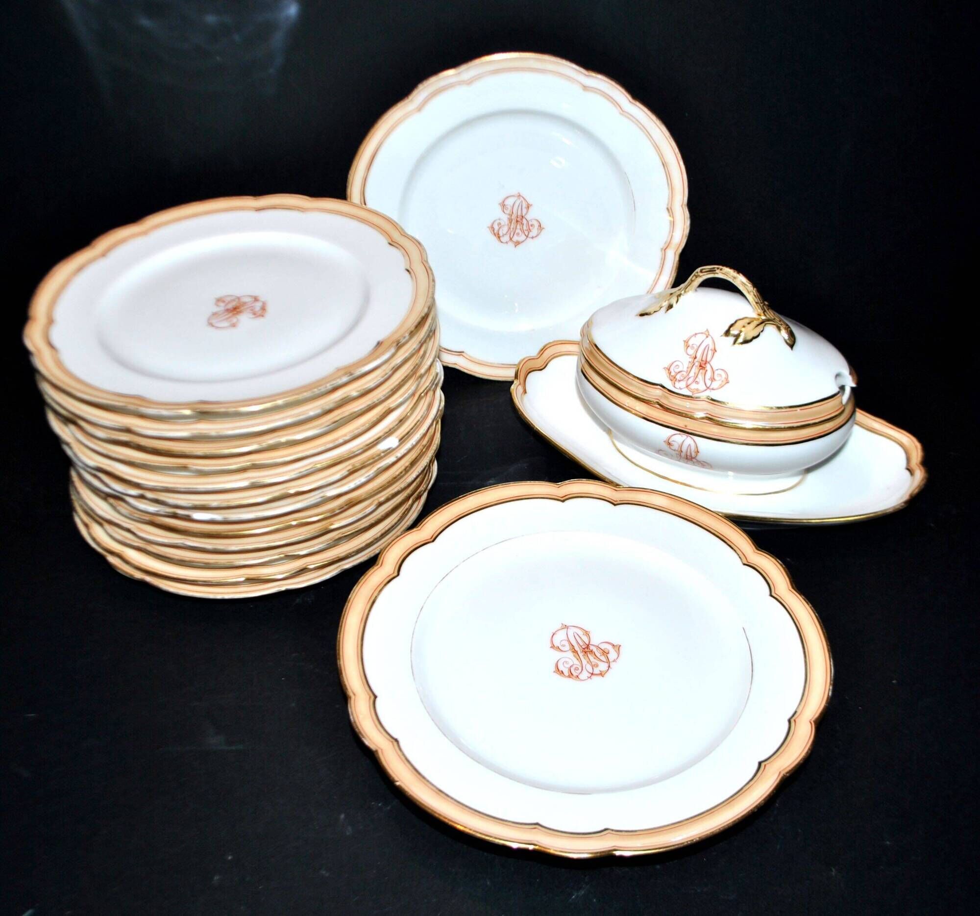 Paris porcelain set of 12 plates, dish and sauce boat, antique tableware with monogram BA.