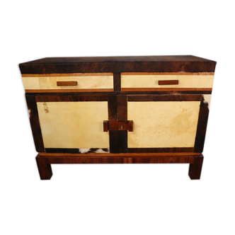 Vintage walnut and cowhide stock buffet, 1950
