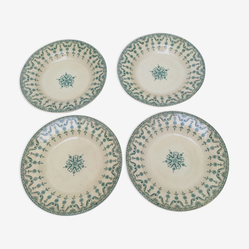 Lot de 4 assiettes creuses en porcelaine opaque de Gien Terre de Fer modèle "Florentin" vert