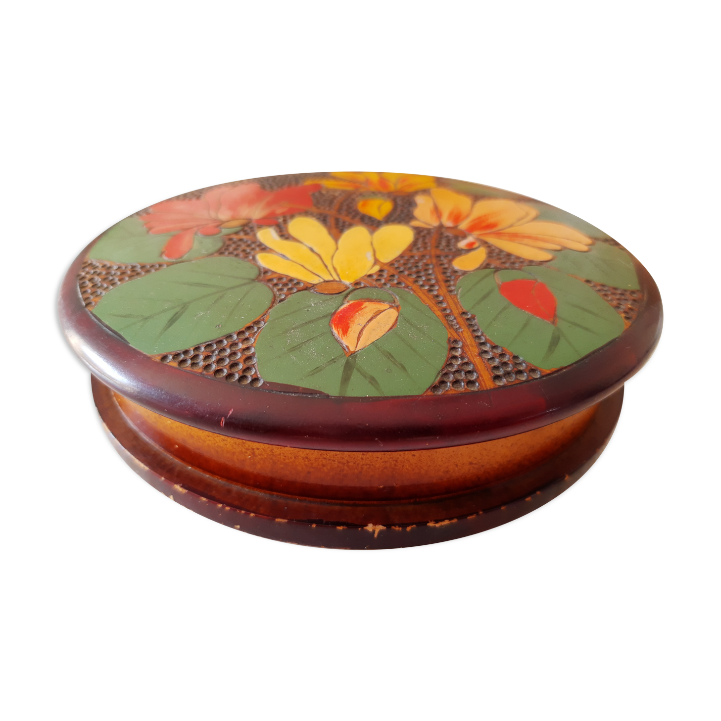 Boite ronde en bois décor floral