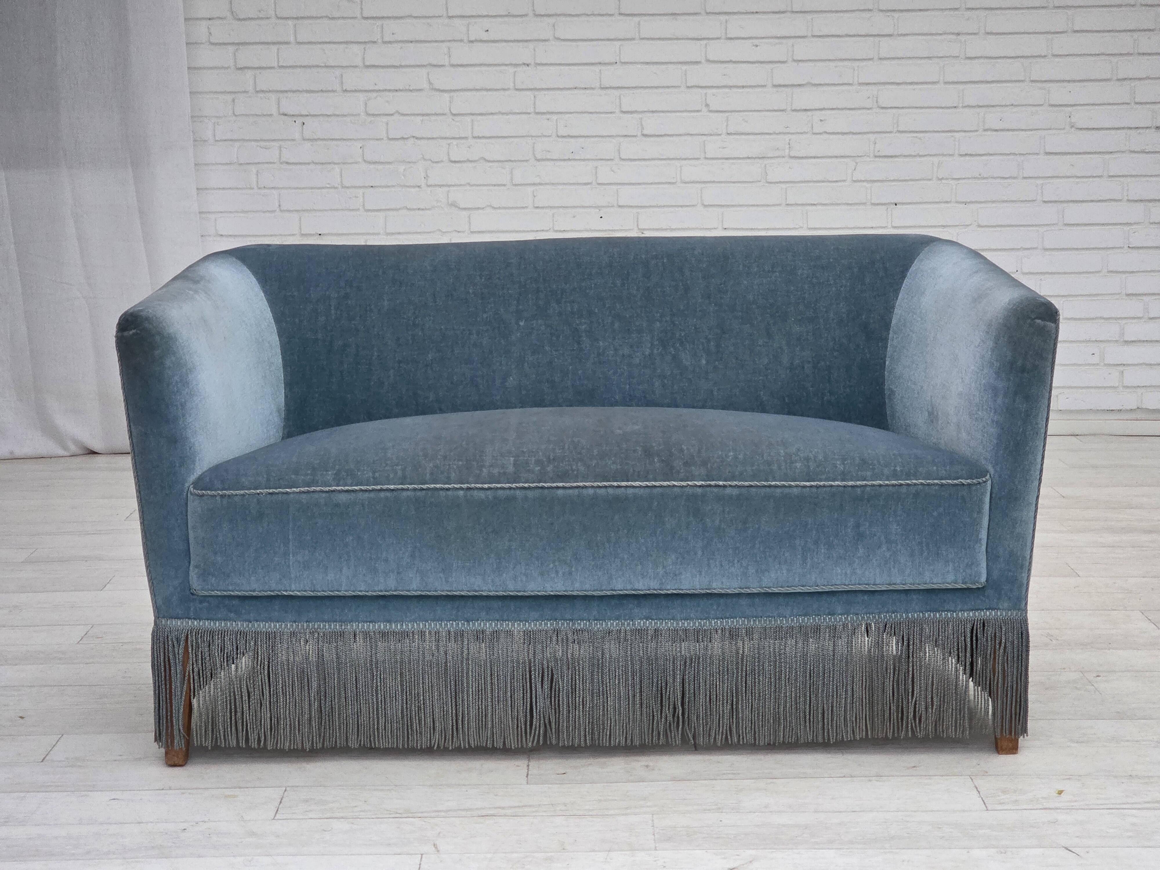 1970s, Danish 2-seater sofa, blue furniture velour, oak wood legs.