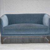1970s, Danish 2-seater sofa, blue furniture velour, oak wood legs.