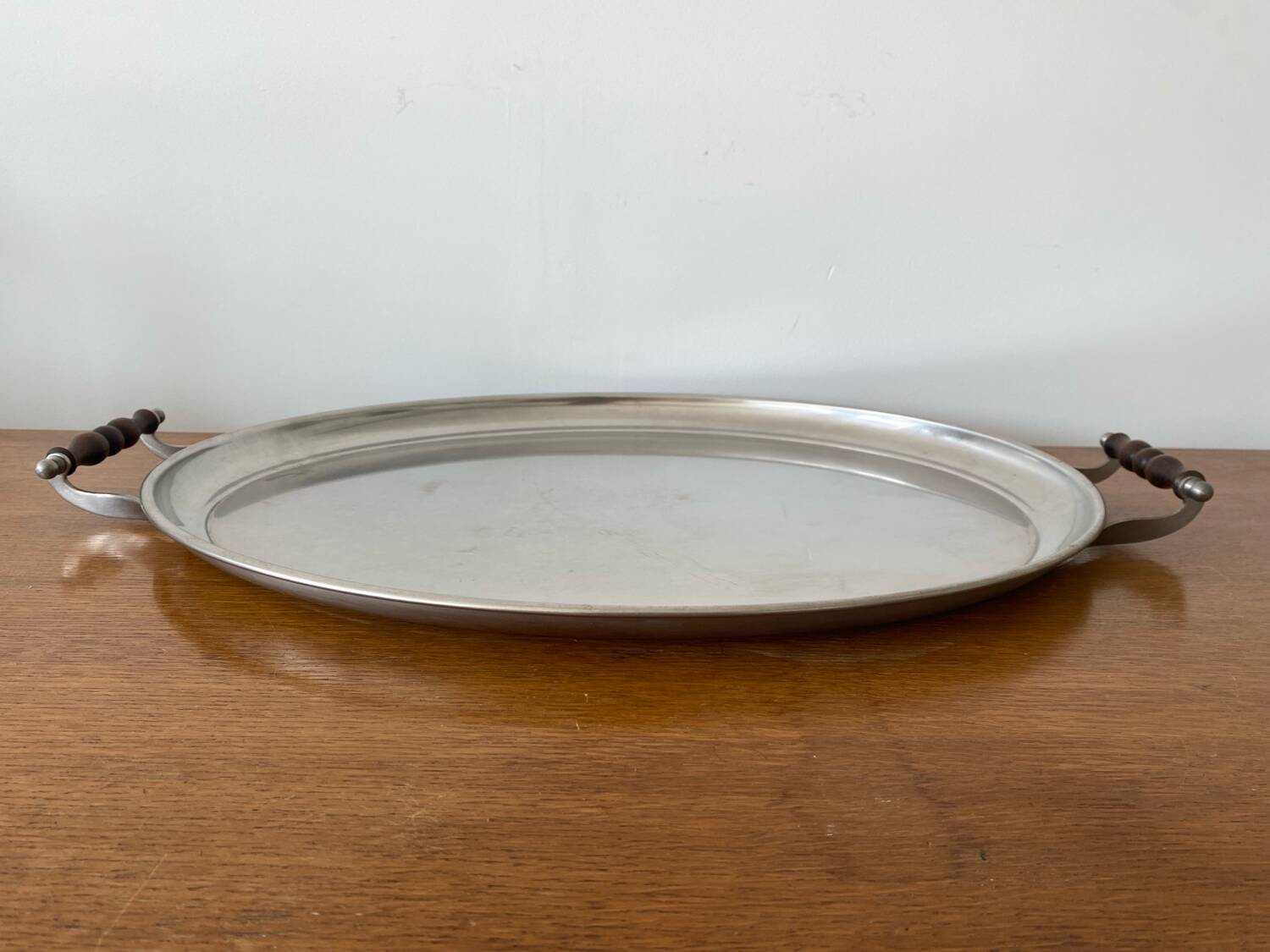 Old jean couzon serving tray stainless steel metal + vintage wooden handles #c