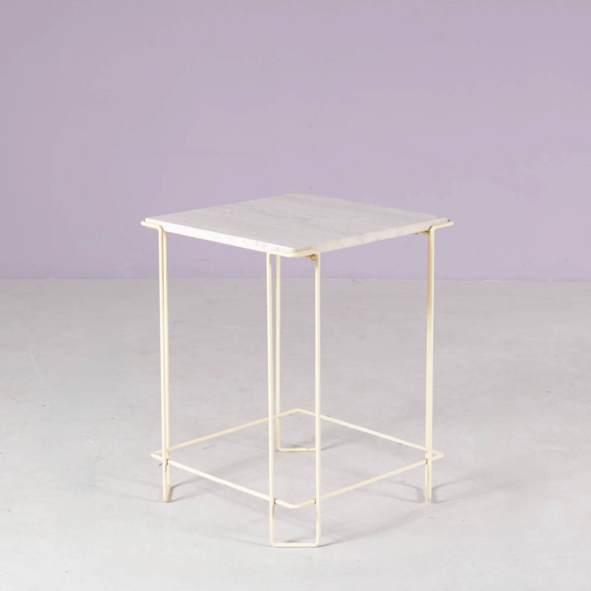 1980s side table beige metal frame with travertine top in the style of Max Sauze
