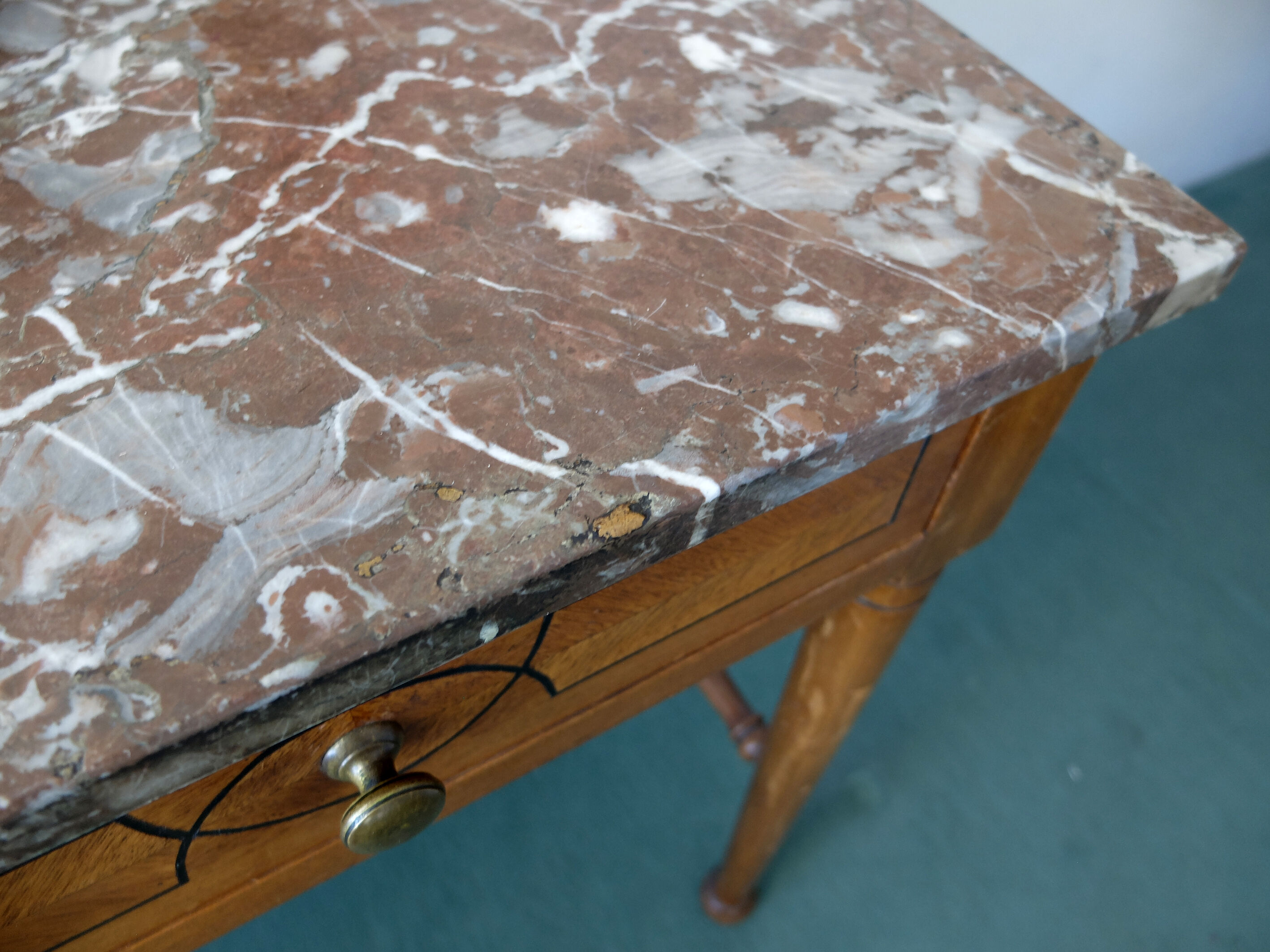 Belgian Art Deco dressing table with marquetry, red marble top, 1920-1930