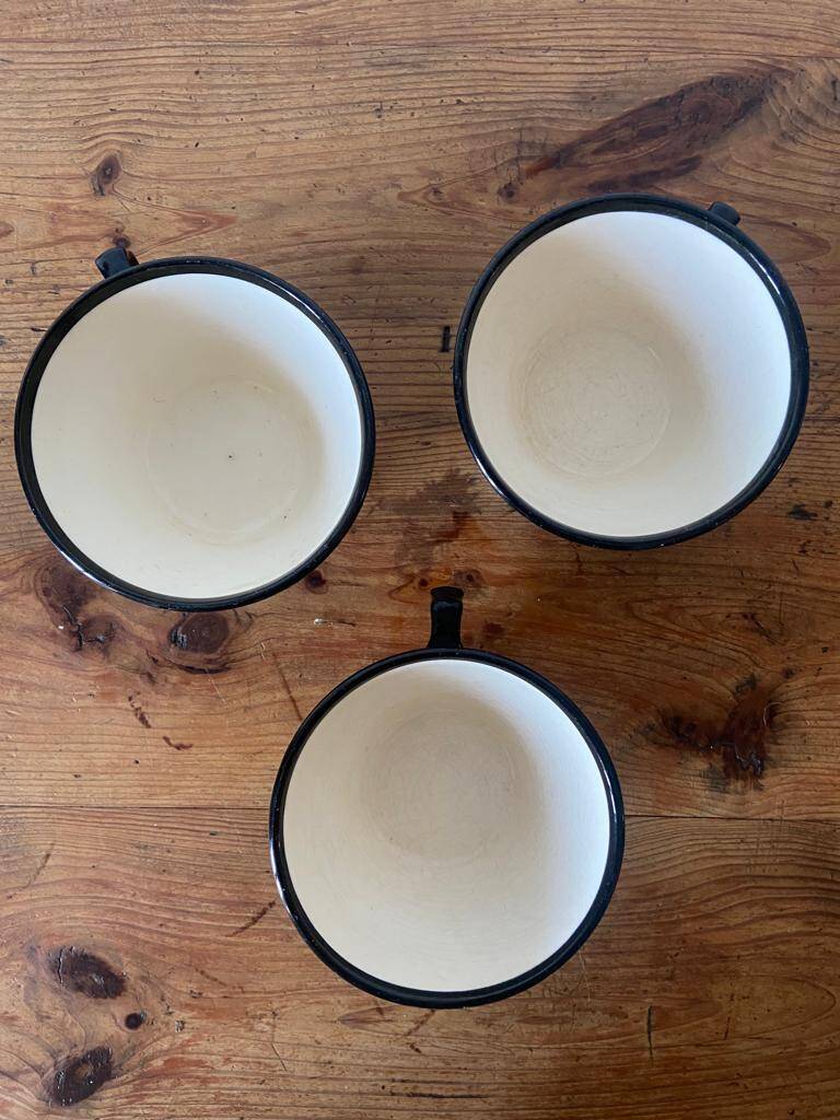 Set of 3 Breton earthenware cups & saucers