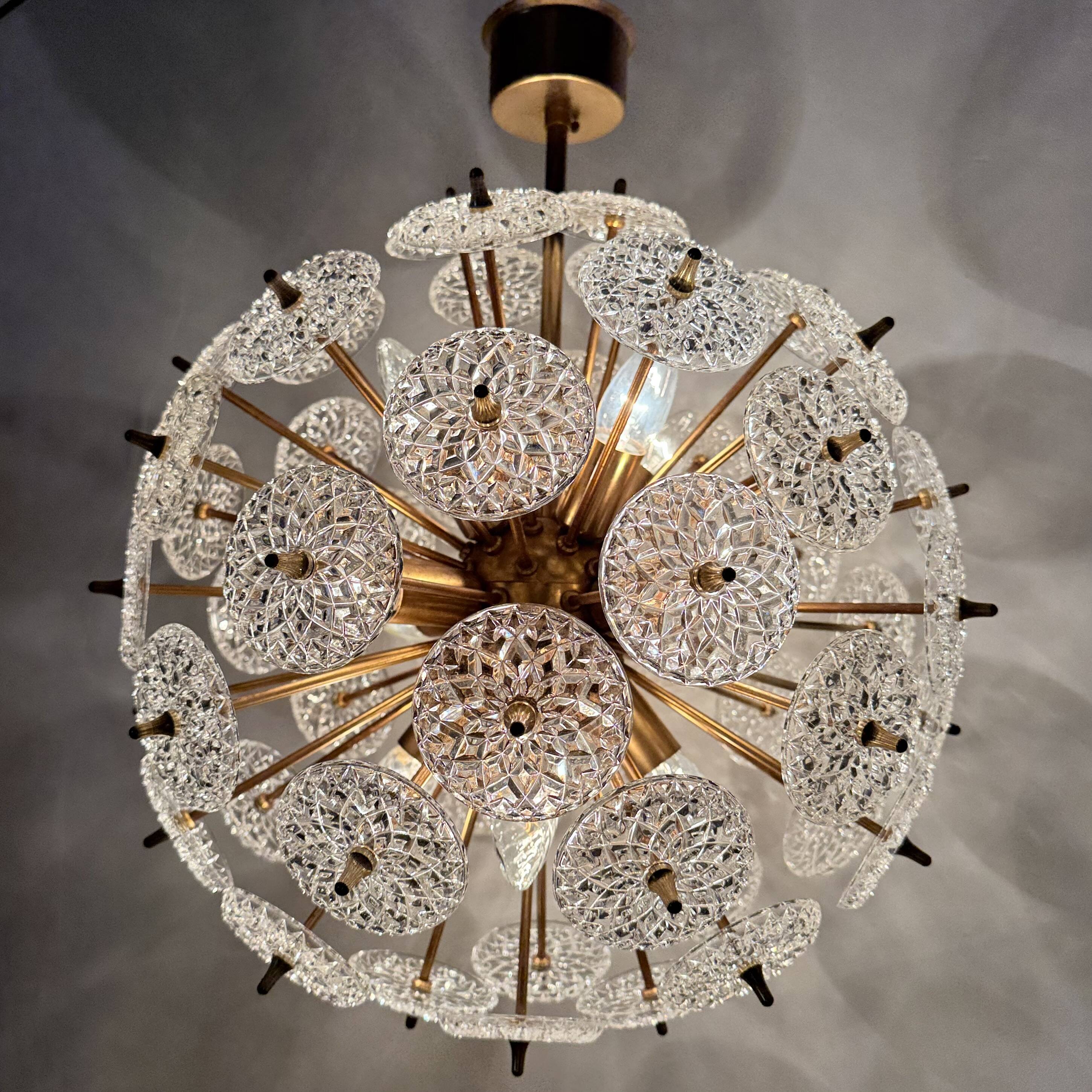 Val Saint Lambert crystal sputnik gold chandelier , 1960’s