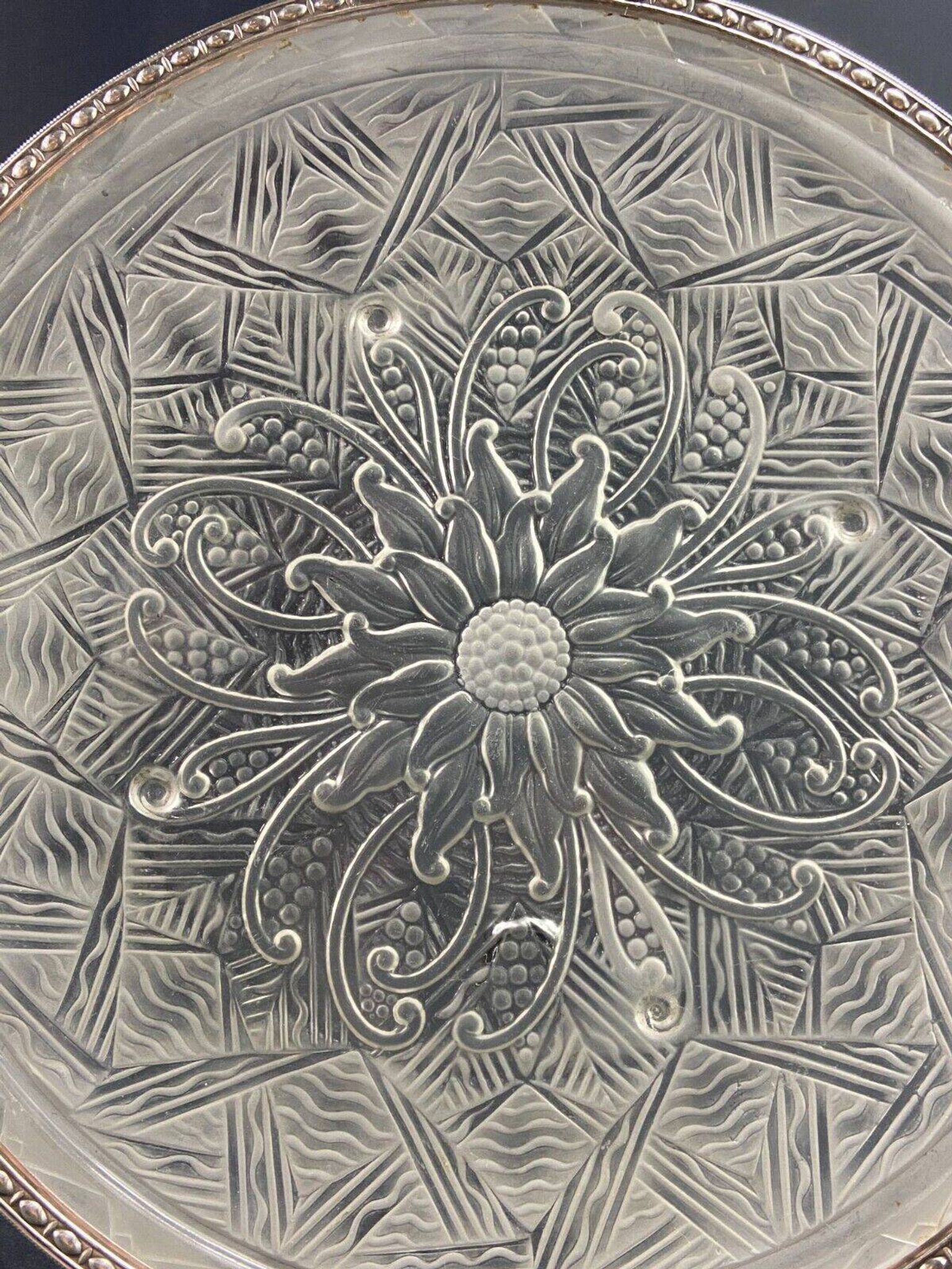 Circular Art Deco glass dish signed Lorrain, solid silver neck brace
