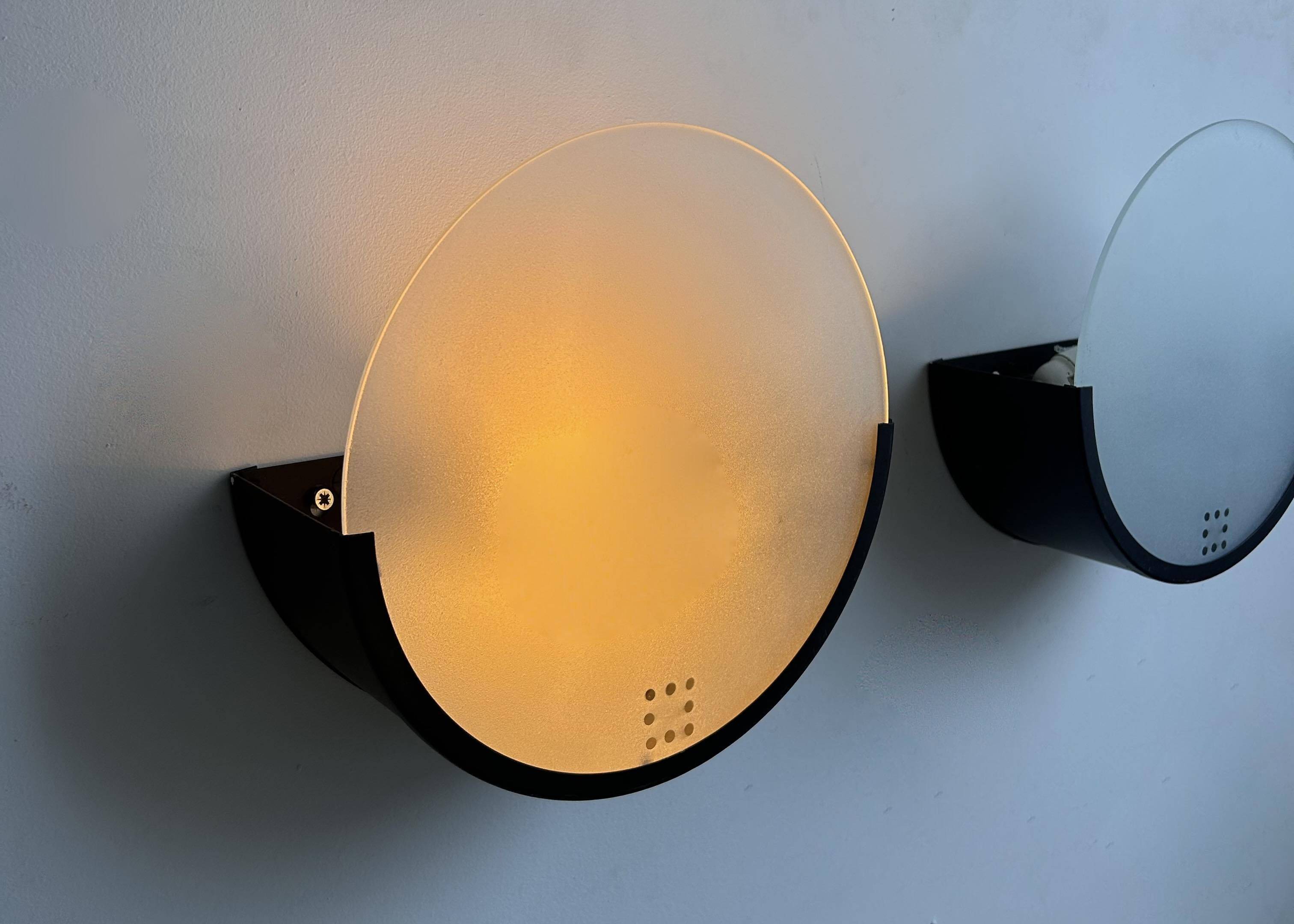 Pair of vintage geometric wall lights, black metal and sandblasted glass, Delmas France 1970