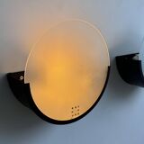 Pair of vintage geometric wall lights, black metal and sandblasted glass, Delmas France 1970