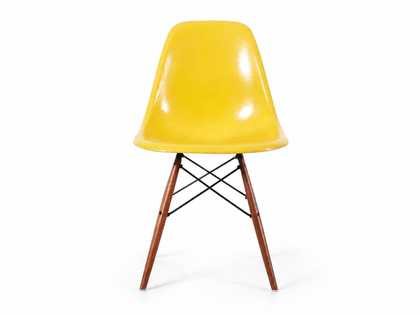 Set of 4 DSW chairs by Charles Eames - yellow fibreglass edition by Herman.