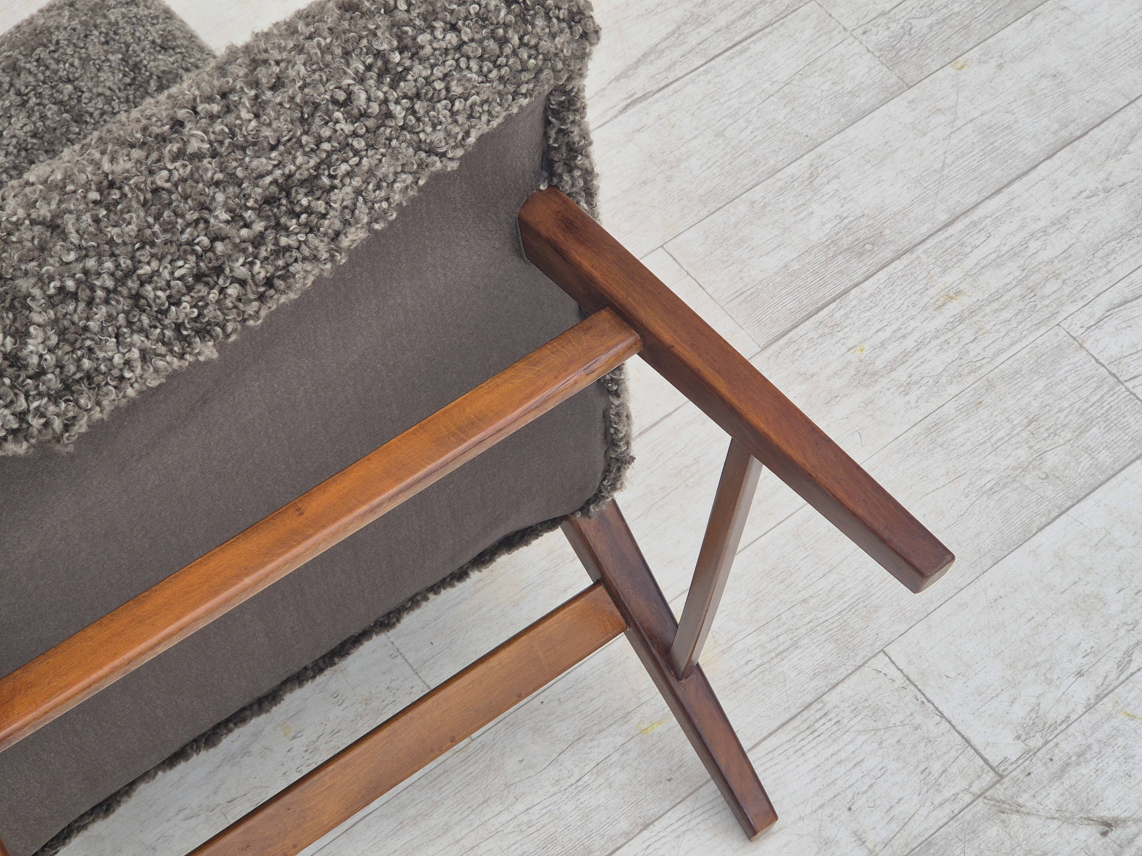 60s, Danish design, refurbished armchair, genuine sheepskin "Wellington".