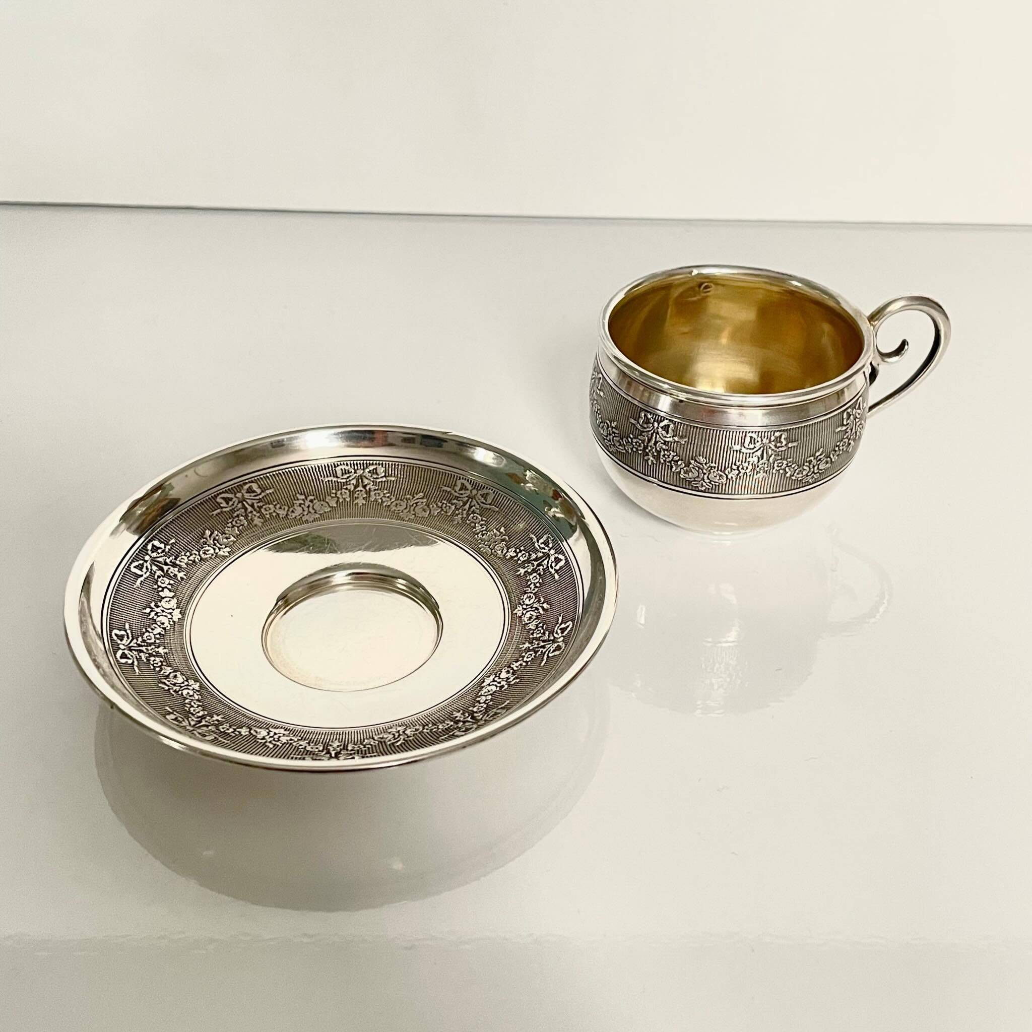 Silver Cup and Saucer | 20th Century | Ribbon and Flower Garland