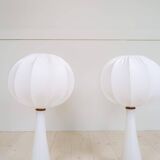 Pair of mid-century opaline glass table lamps with cotton shades by Bergboms, Sweden, 1960.