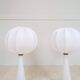 Pair of mid-century opaline glass table lamps with cotton shades by Bergboms, Sweden, 1960.