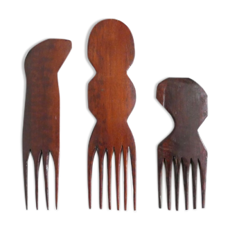 Set de 3 peignes Africains en bois, années 70