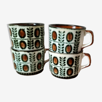 Lot de 4 tasses à thé ou café, céramique Boch, série "noix" des années 60